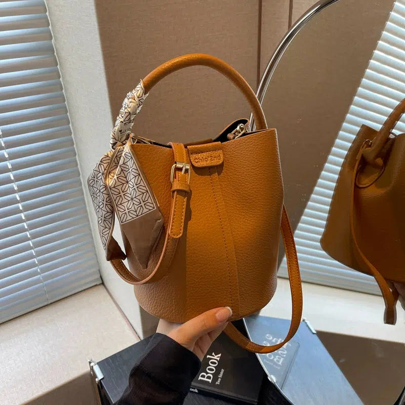 Scarf Accent Bucket Shaped Handbag