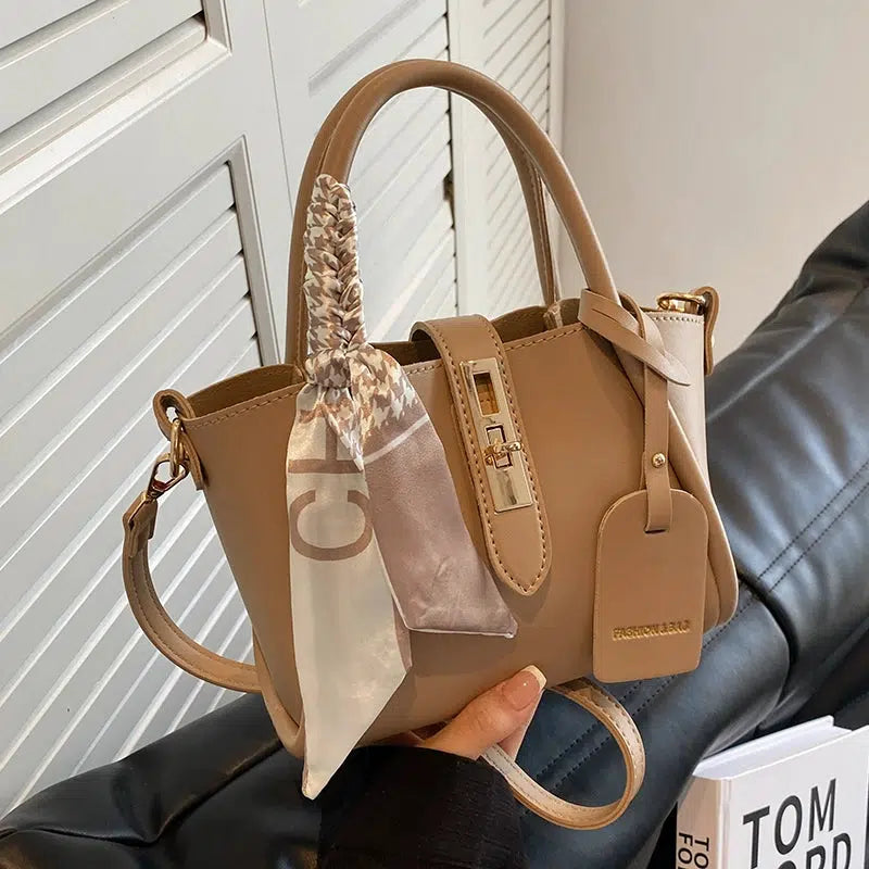 Scarf Accent Leather Bucket Bag