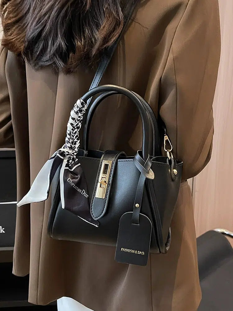 Scarf Accent Leather Bucket Bag