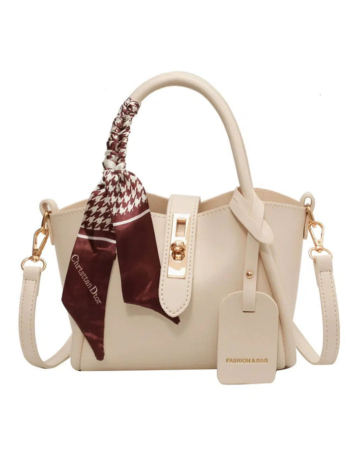 Scarf Accent Leather Bucket Bag