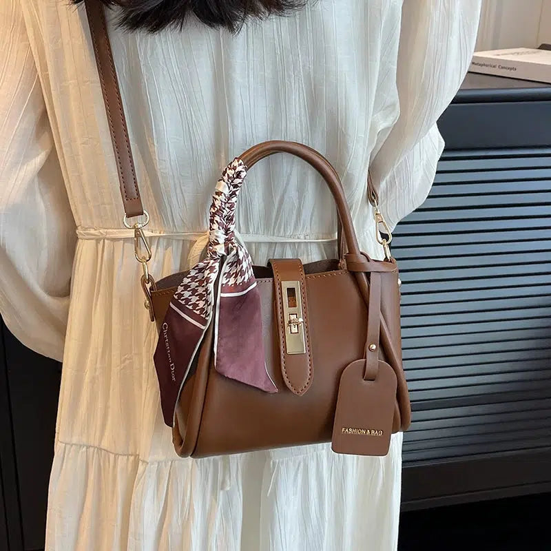 Scarf Accent Leather Bucket Bag