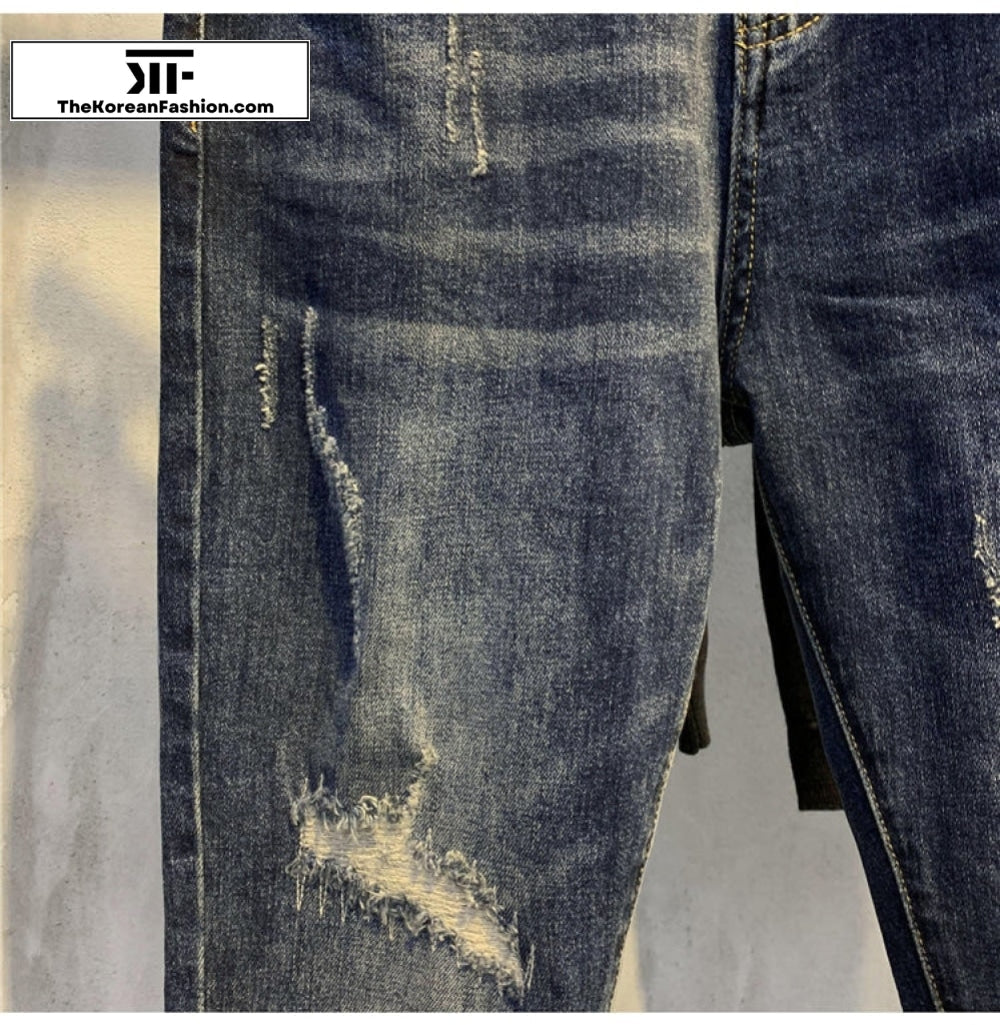 Scratched Ripped Denim Slim Jeans