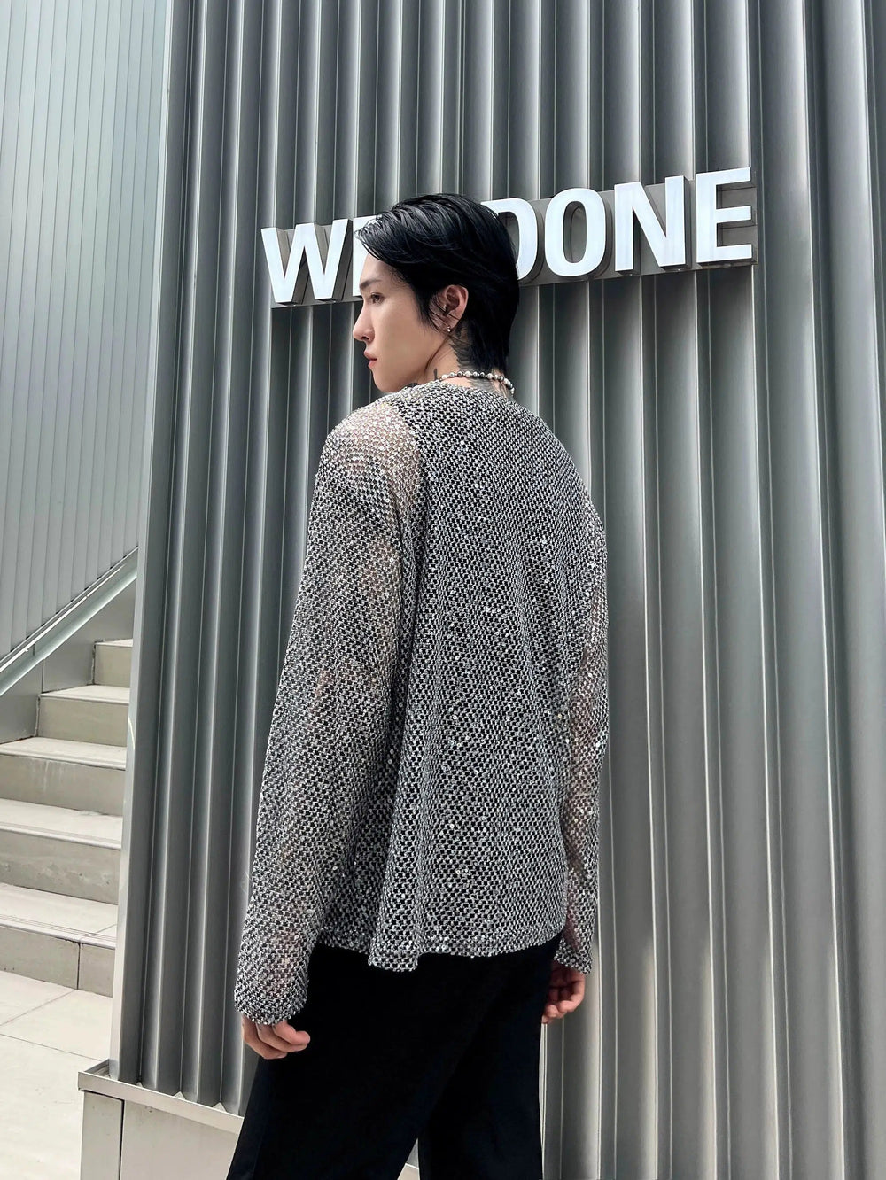 Sequined Mesh Hollow Long Sleeve T-shirt
