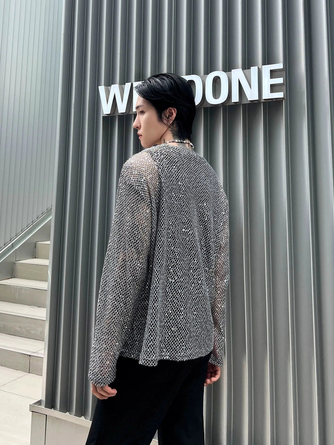 Sequined Mesh Hollow Long Sleeve T-shirt