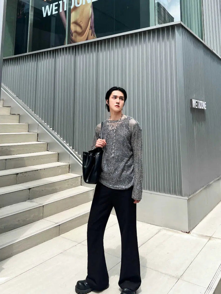 Sequined Mesh Hollow Long Sleeve T-shirt