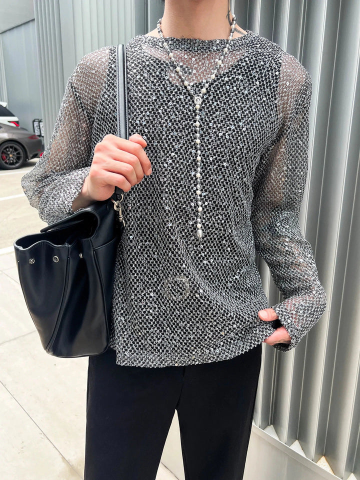 Sequined Mesh Hollow Long Sleeve T-shirt
