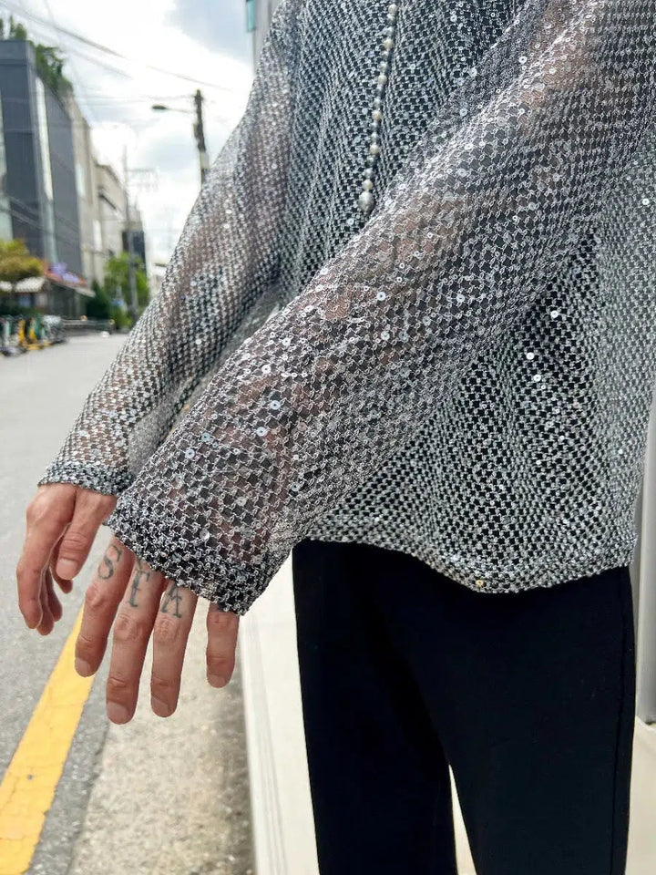 Sequined Mesh Hollow Long Sleeve T-shirt