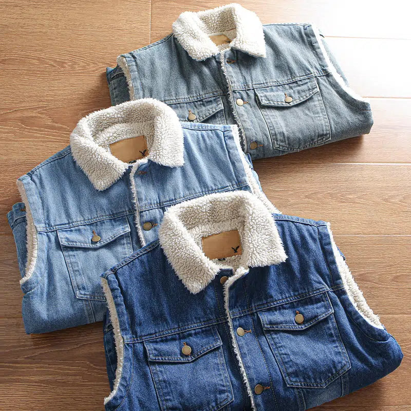 Sherpa Fleece Sleeveless Denim Jacket Vest