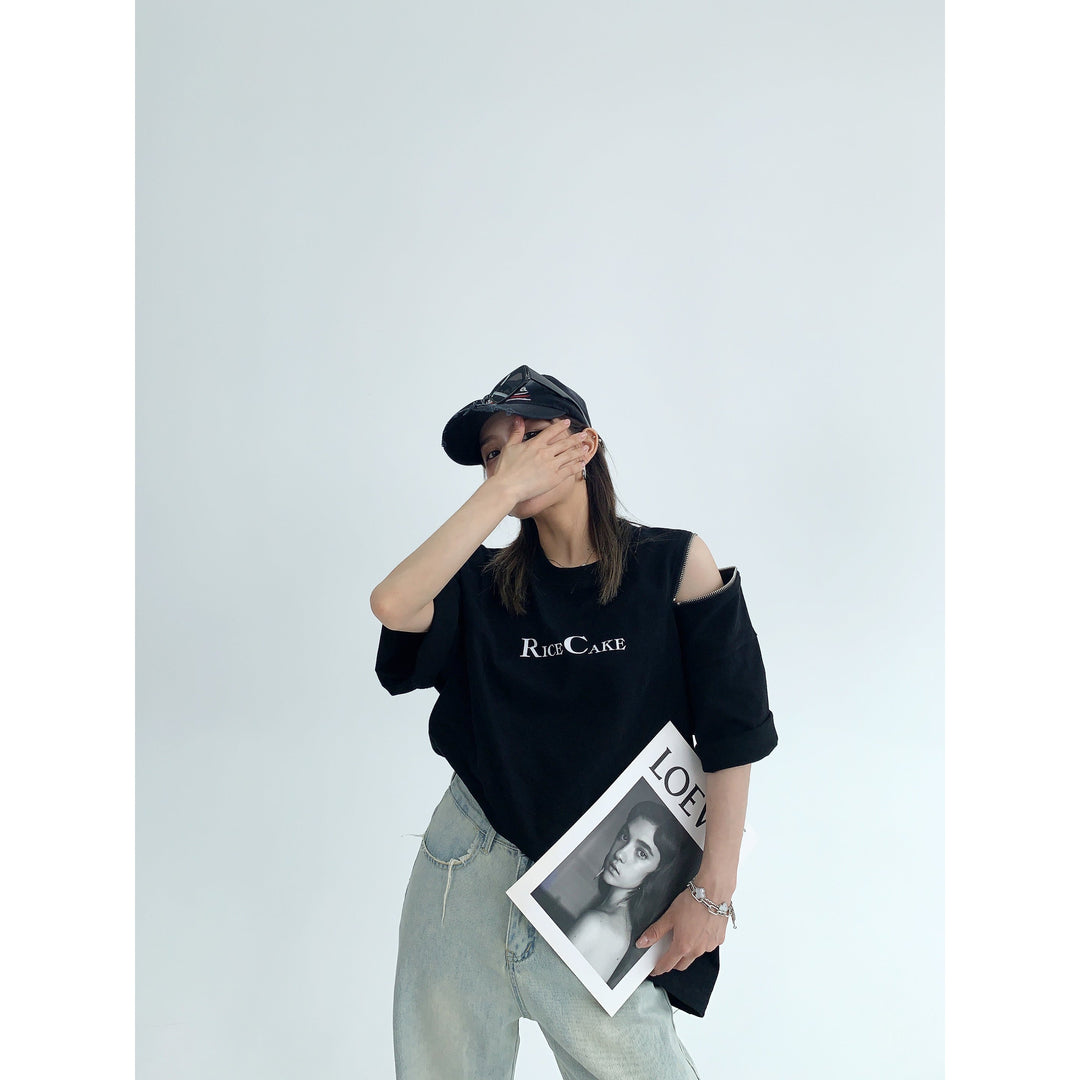 Shoulder Cutouts Oversized Graphic T-Shirt