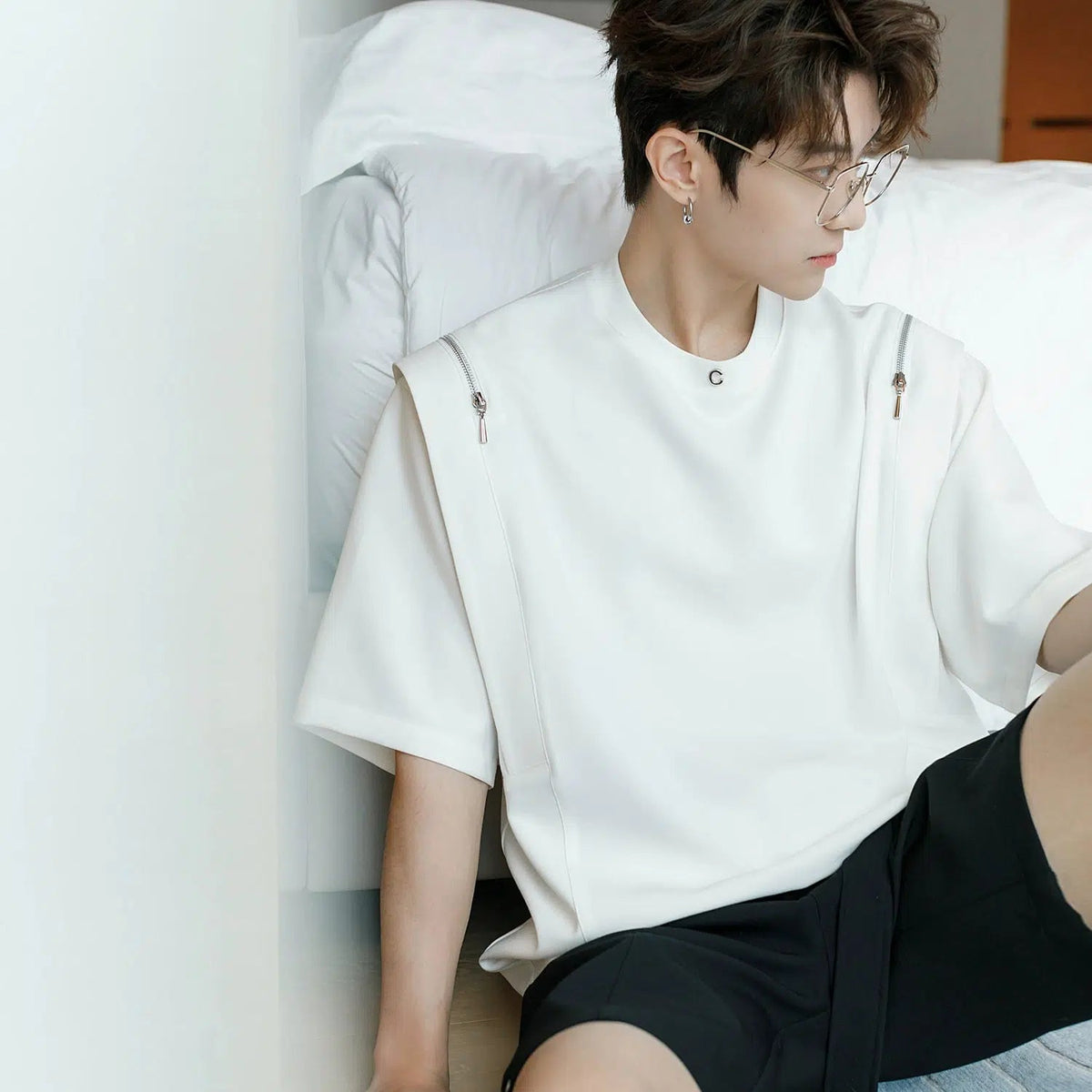 Shoulder Zip Short sleeve T-shirt