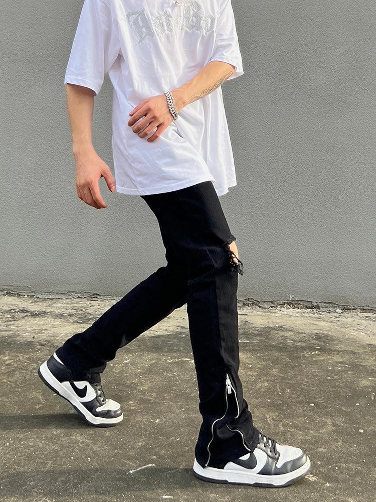 Side Slit Ripped Zipper Jeans