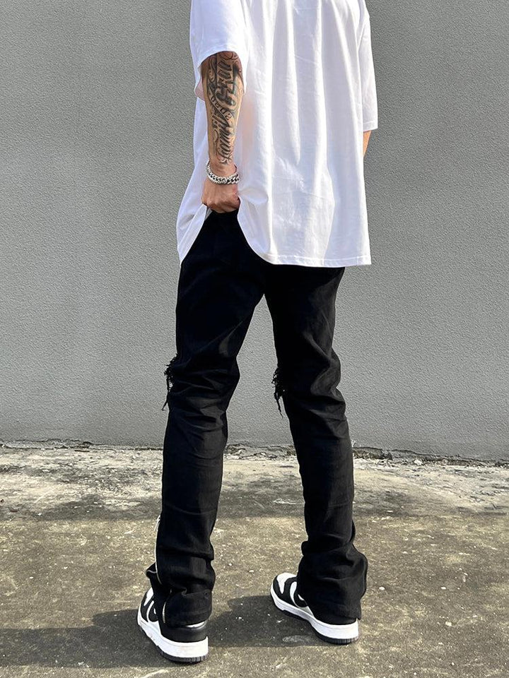 Side Slit Ripped Zipper Jeans