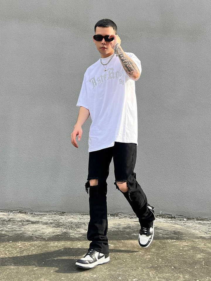 Side Slit Ripped Zipper Jeans