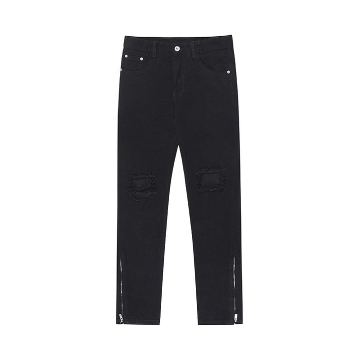 Side Slit Ripped Zipper Jeans