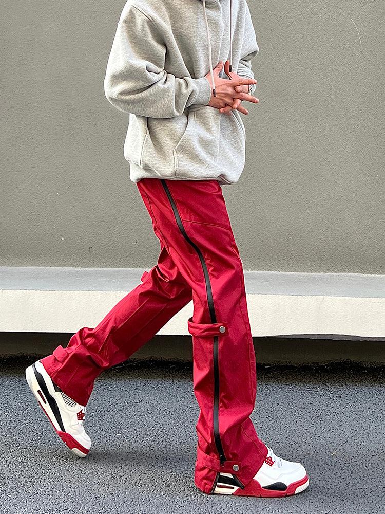 Side Zipper Buttons Overalls Red Pants