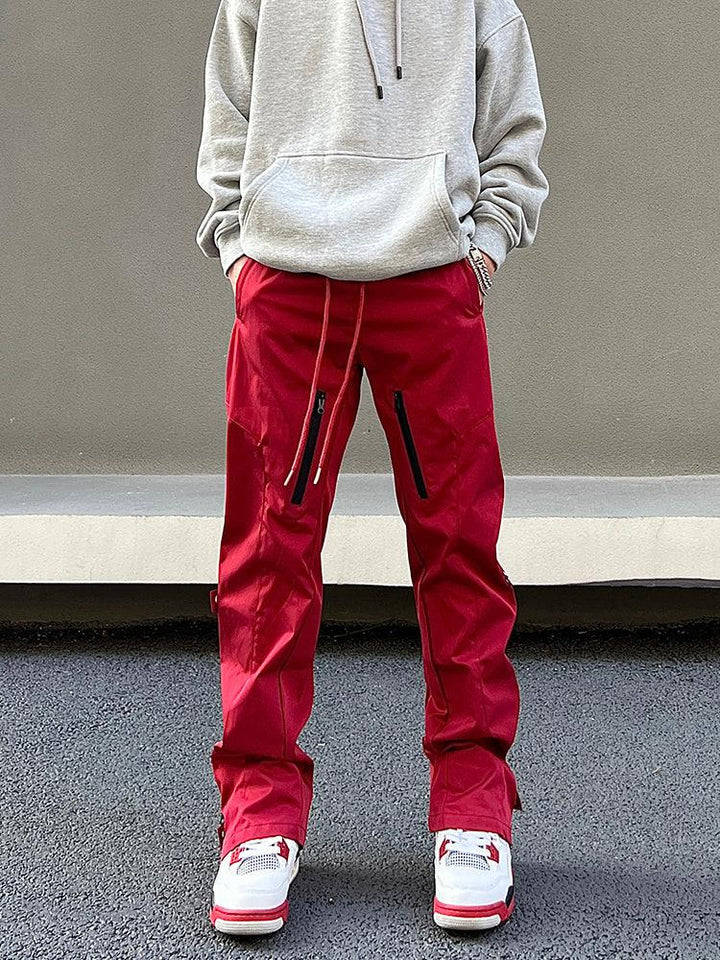 Side Zipper Buttons Overalls Red Pants