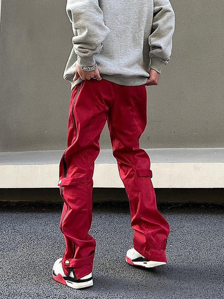 Side Zipper Buttons Overalls Red Pants