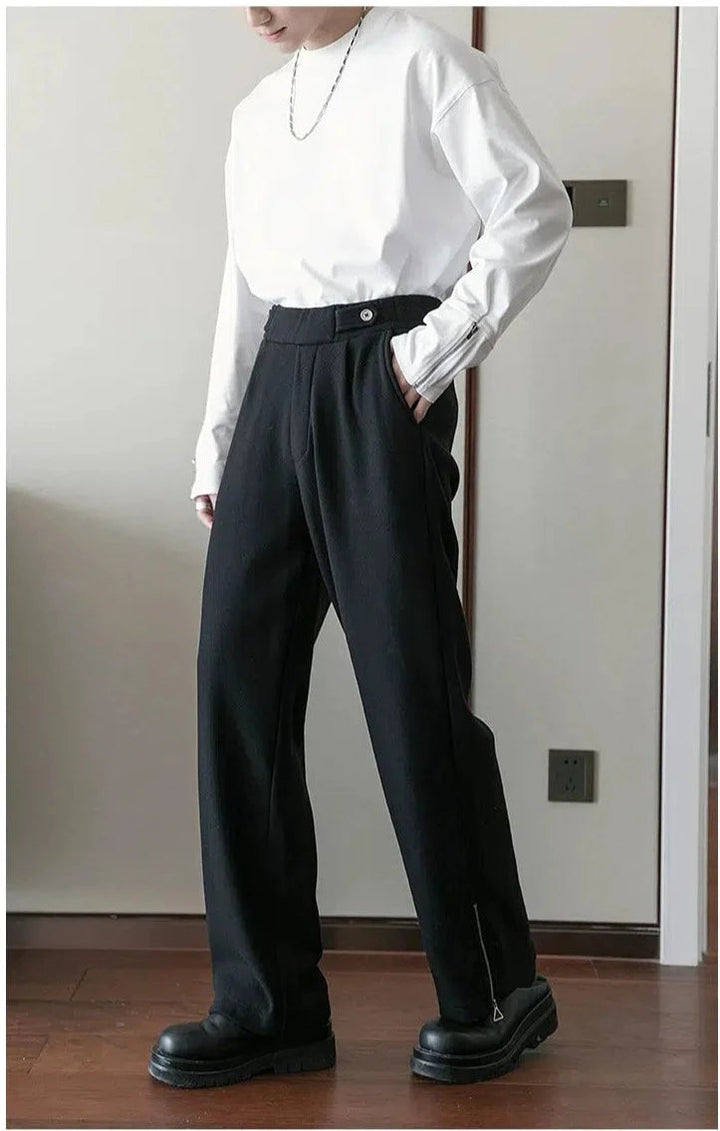Side-zip Straight-leg Pleated Pants