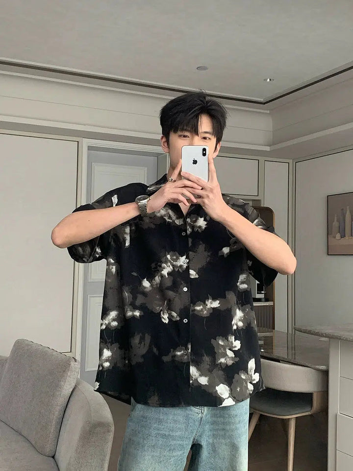 Silk Camp Collar Short Sleeve Floral Shirt