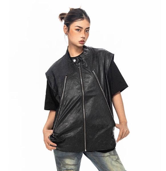 Sleeveless Leather Zip-up Jacket
