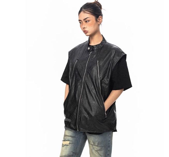 Sleeveless Leather Zip-up Jacket