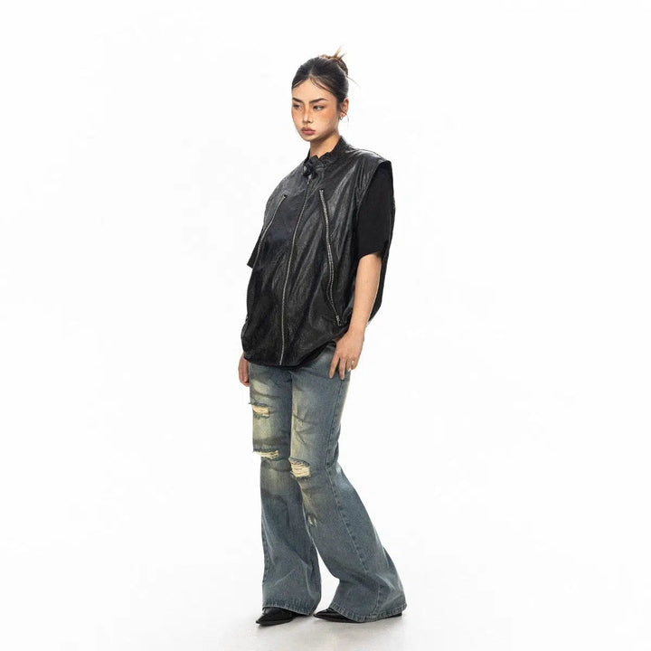 Sleeveless Leather Zip-up Jacket