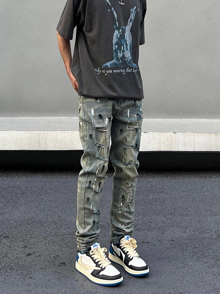 Slim Blue Scratched Ripped Jeans
