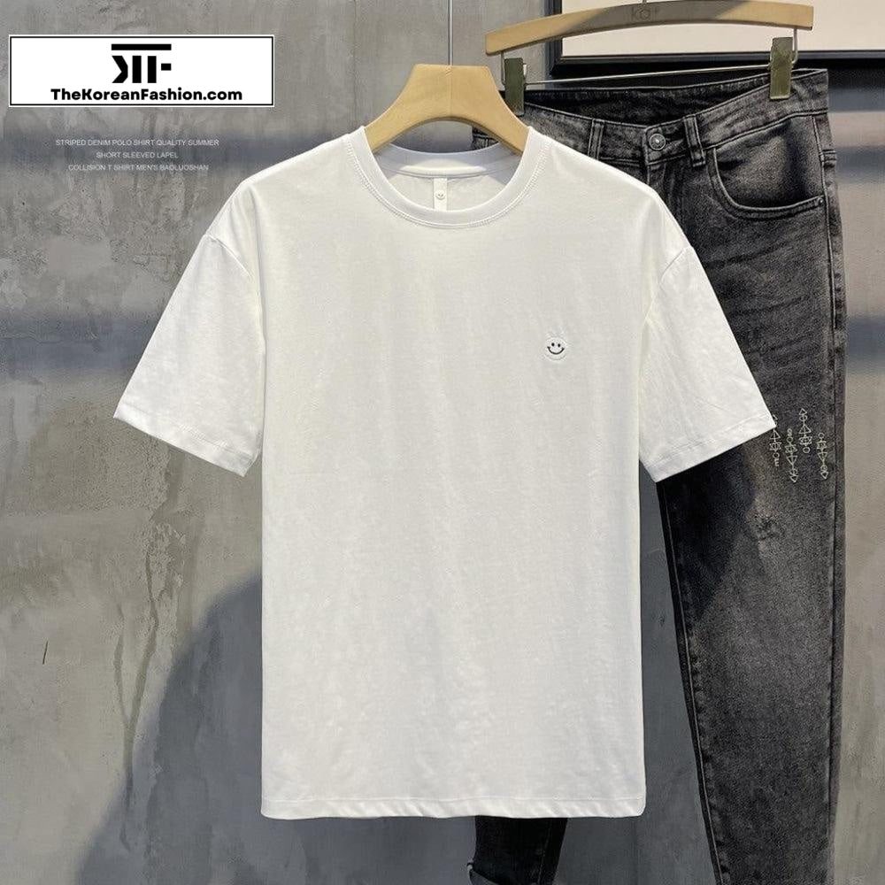 Smile Embroidered Round Neck Cotton T-Shirt