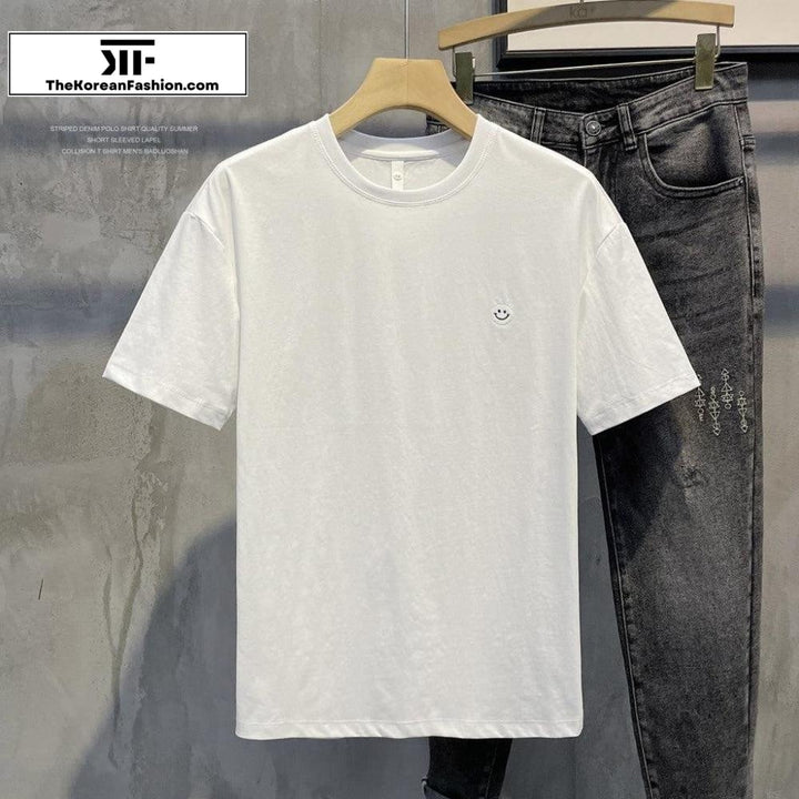 Smile Embroidered Round Neck Cotton T-Shirt