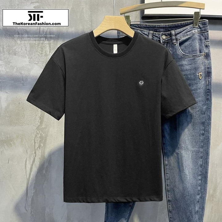 Smile Embroidered Round Neck Cotton T-Shirt