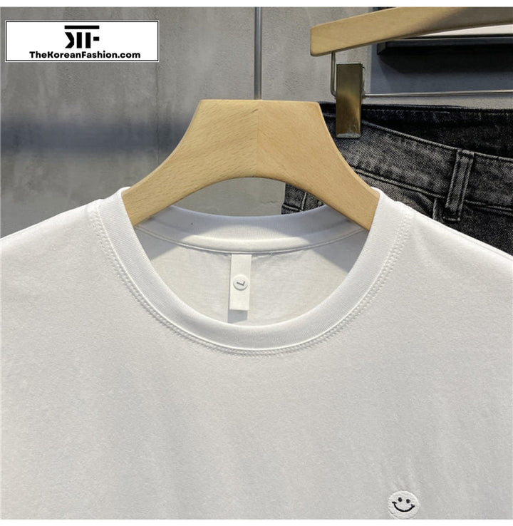 Smile Embroidered Round Neck Cotton T-Shirt