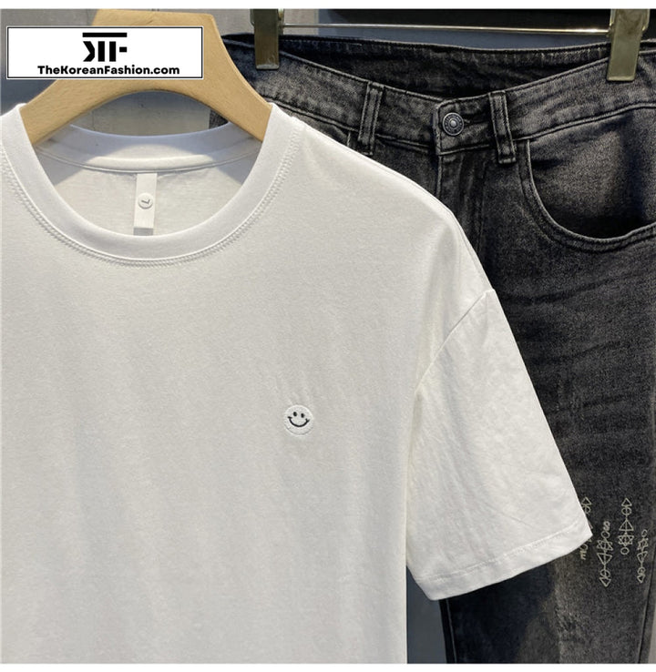 Smile Embroidered Round Neck Cotton T-Shirt