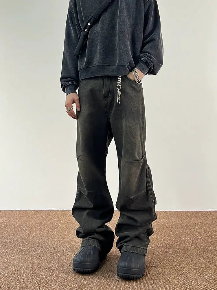 Smoke Gray Pleated Wide Leg Jeans