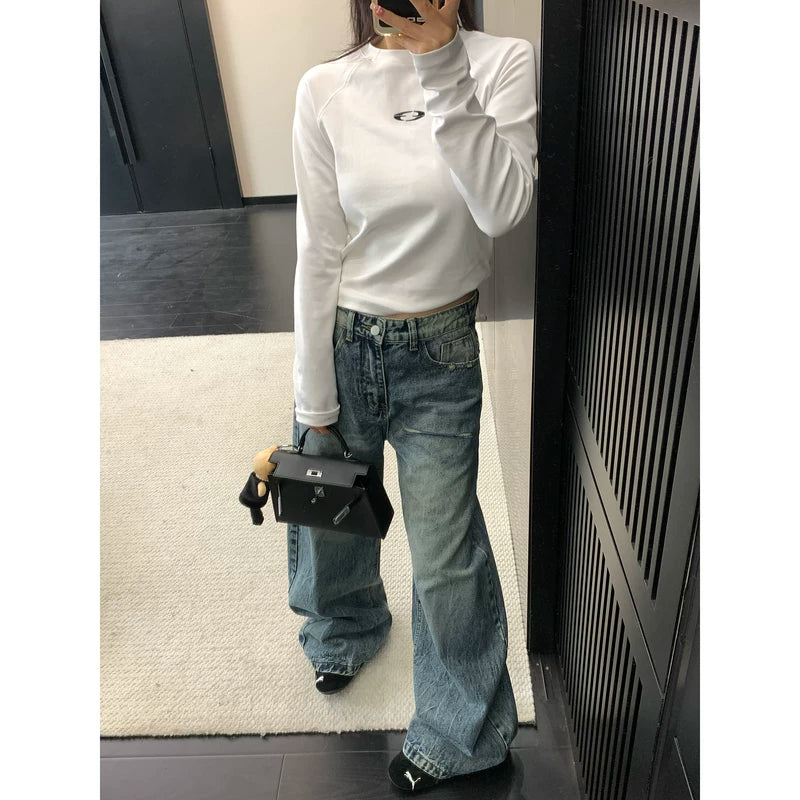 Distressed Wide-Leg Straight Jeans Pants 2