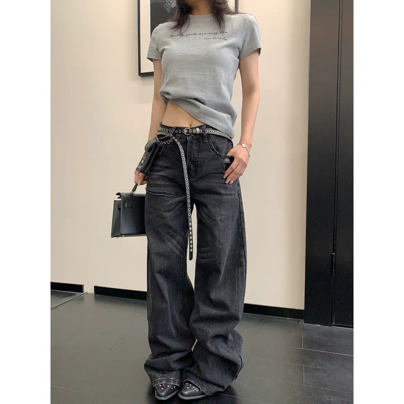 ,6196242375771,6196242375772,6196242375773,6196242375774, Distressed Wide-Leg Straight Jeans Pants