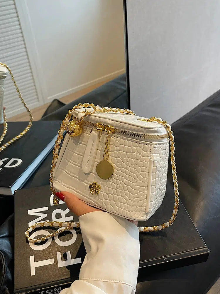 Square Crocodile-Embossed Chain Bag