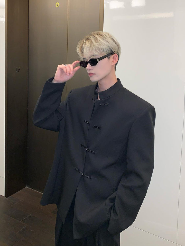 Stand Collar Retro Jacket With Shoulder Pads