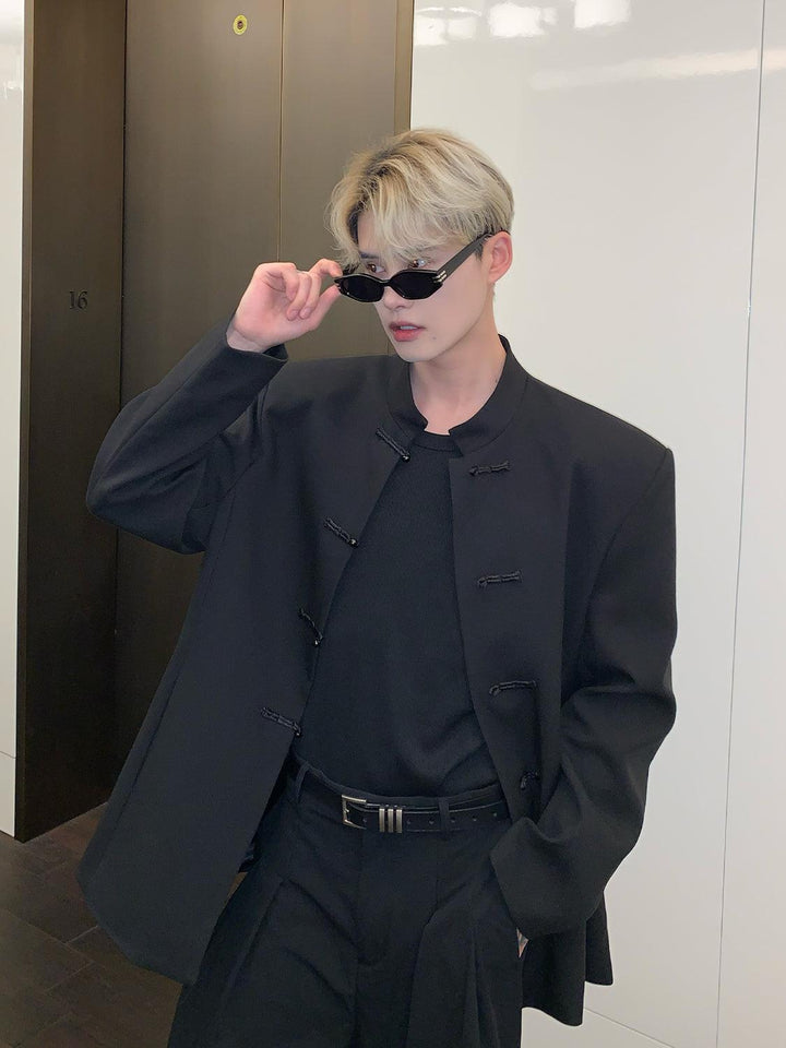 Stand Collar Retro Jacket With Shoulder Pads