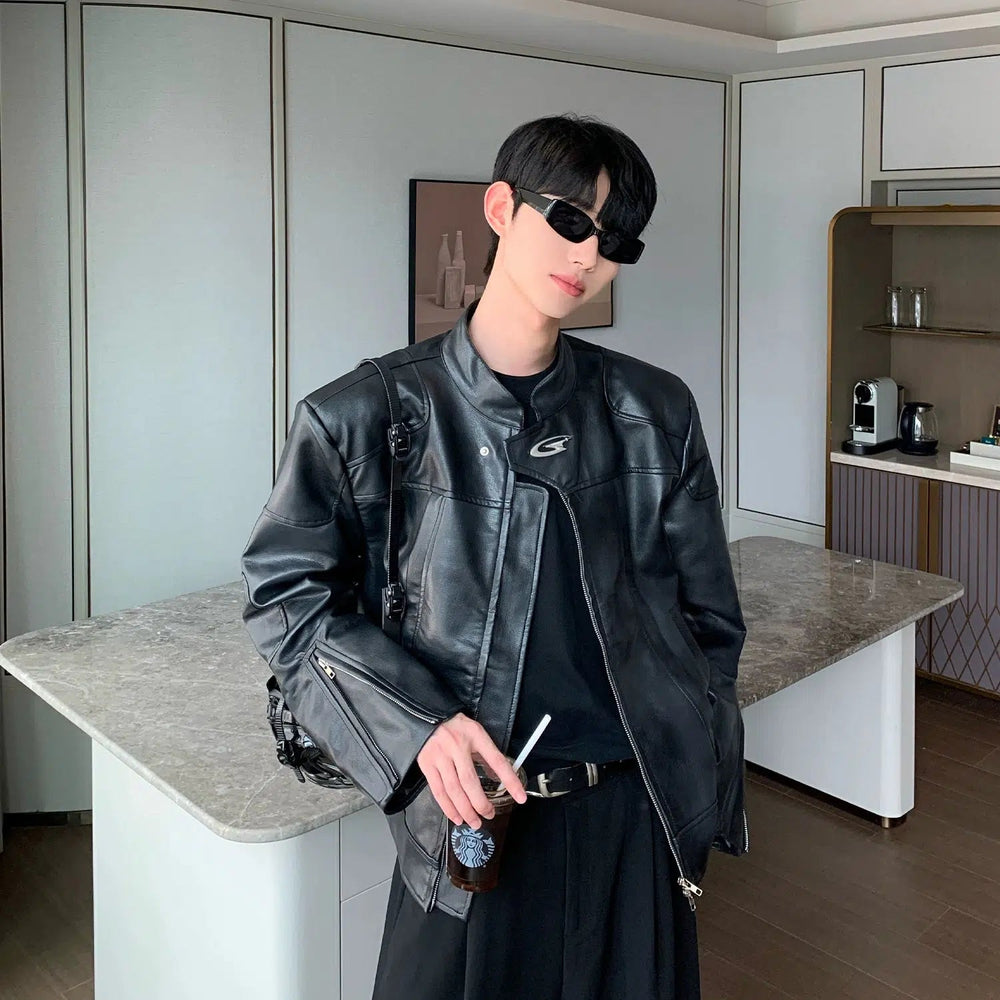 Short leather biker jacket discount