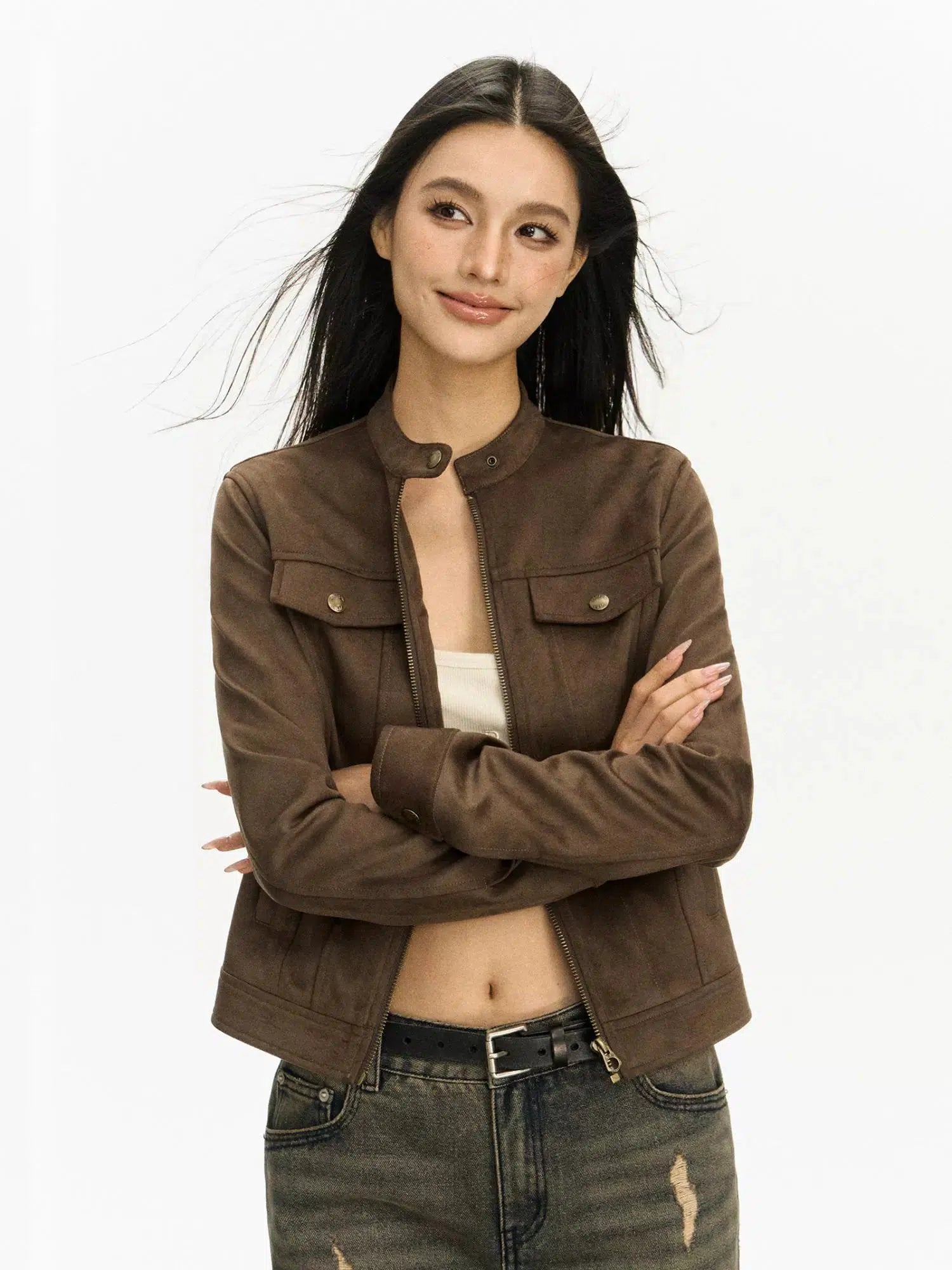 Stand Collar Suede Short Coat