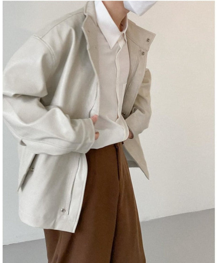 Stand Collar Zipper Suit Leather Jacket