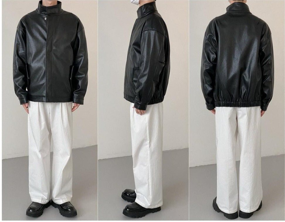 Stand Collar Zipper Suit Leather Jacket