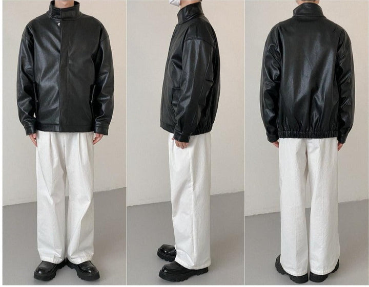 Stand Collar Zipper Suit Leather Jacket