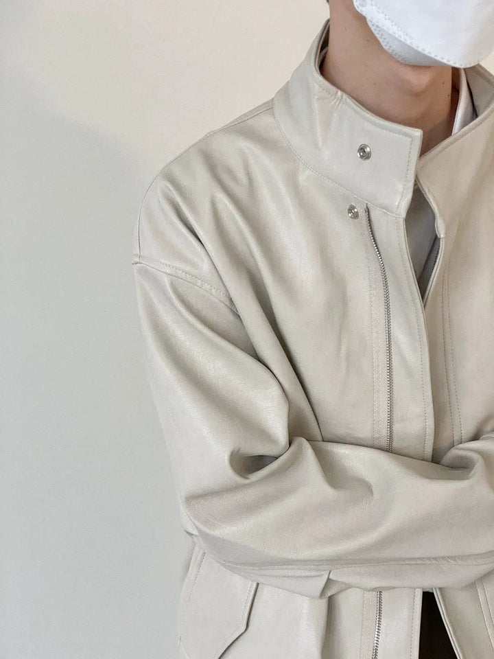 Stand Collar Zipper Suit Leather Jacket