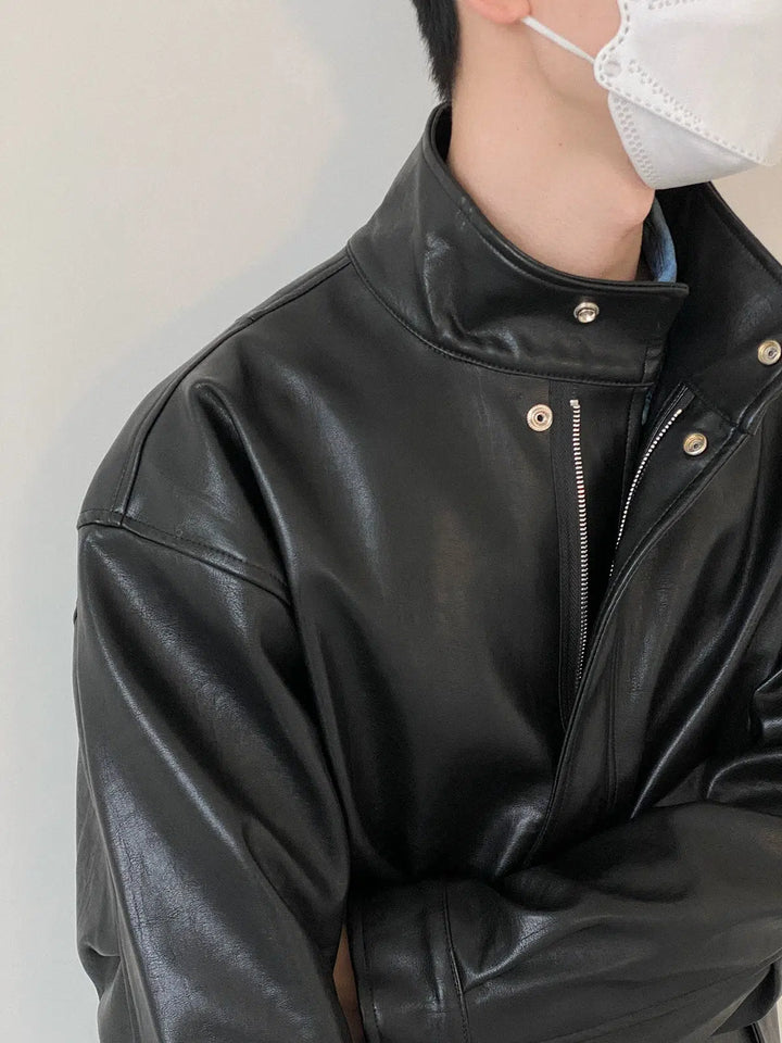 Stand Collar Zipper Suit Leather Jacket