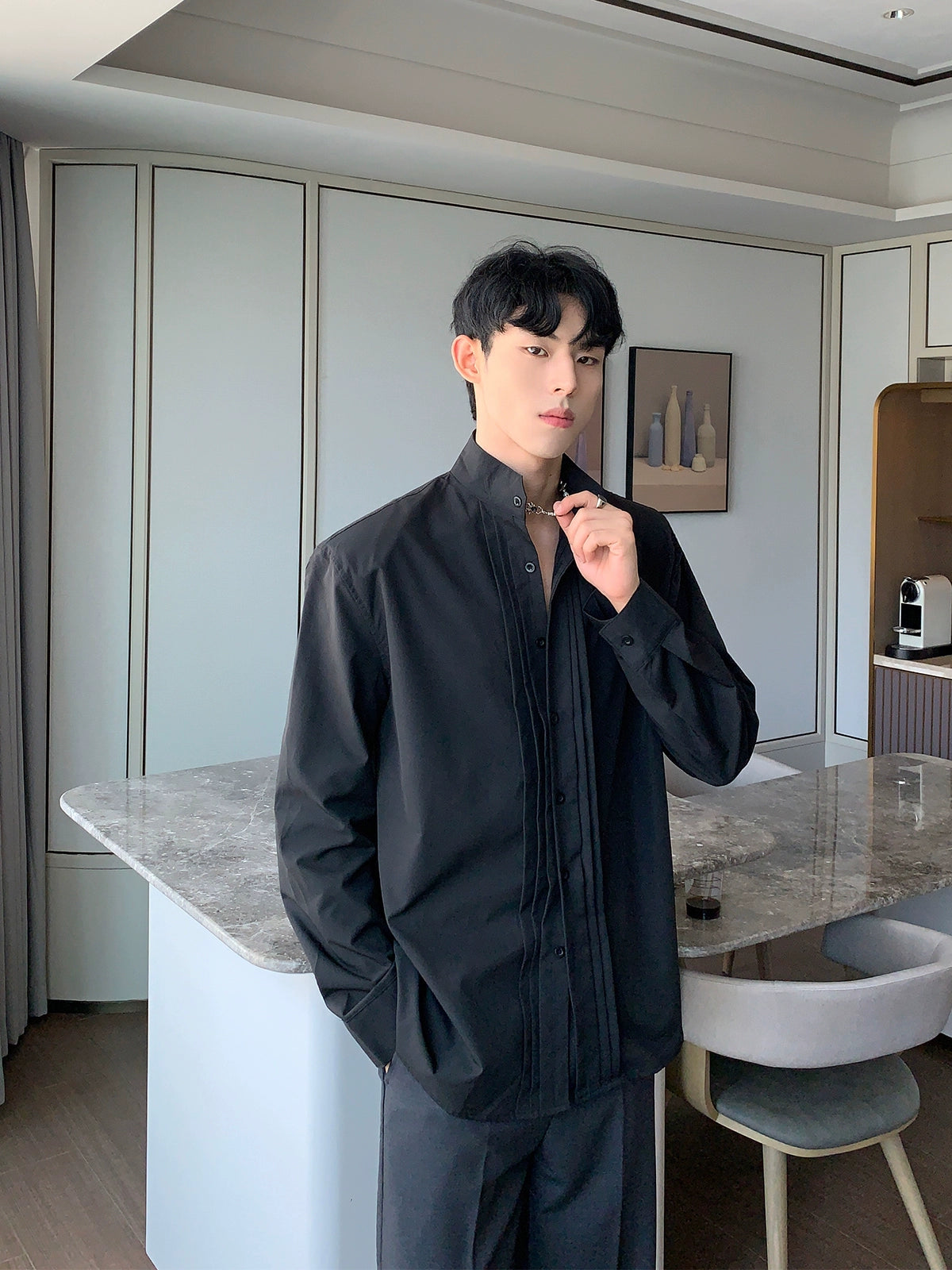 Stand-up Collar Shoulder Pads Shirt