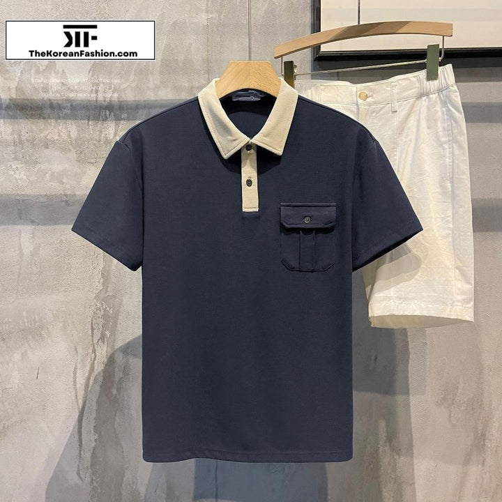 Stitching Lapel Pocket Short Sleeve