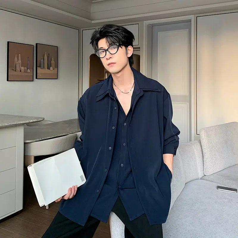 Stitching Long-Sleeve Button-Up Shirt