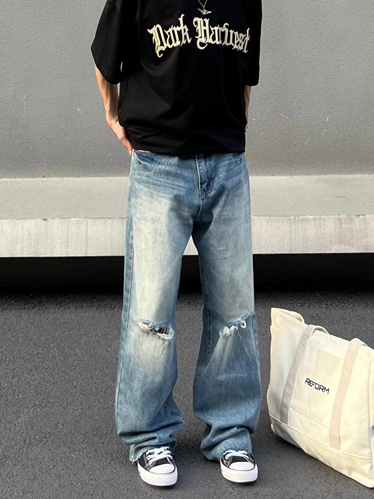 Straight Loose Wide-leg Ripped Jeans
