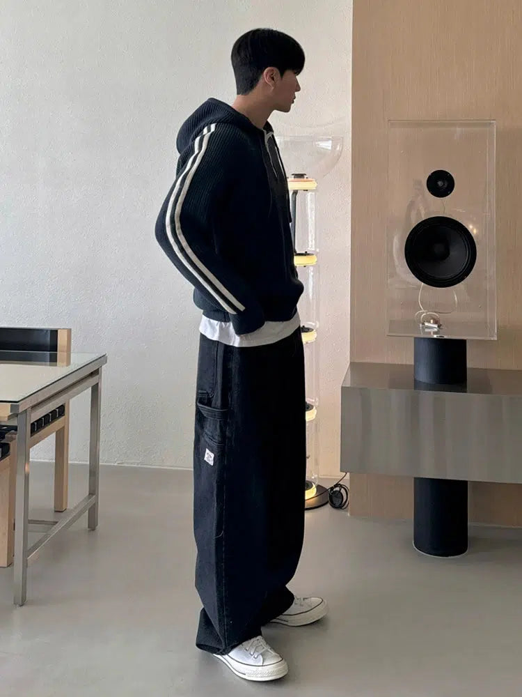 Stripe Detail Ribbed Knit Hoodie